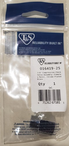 T&S Brass 016419-25 3/8-Inch Compression Check Valve Assemb. Chrome Plated Brass