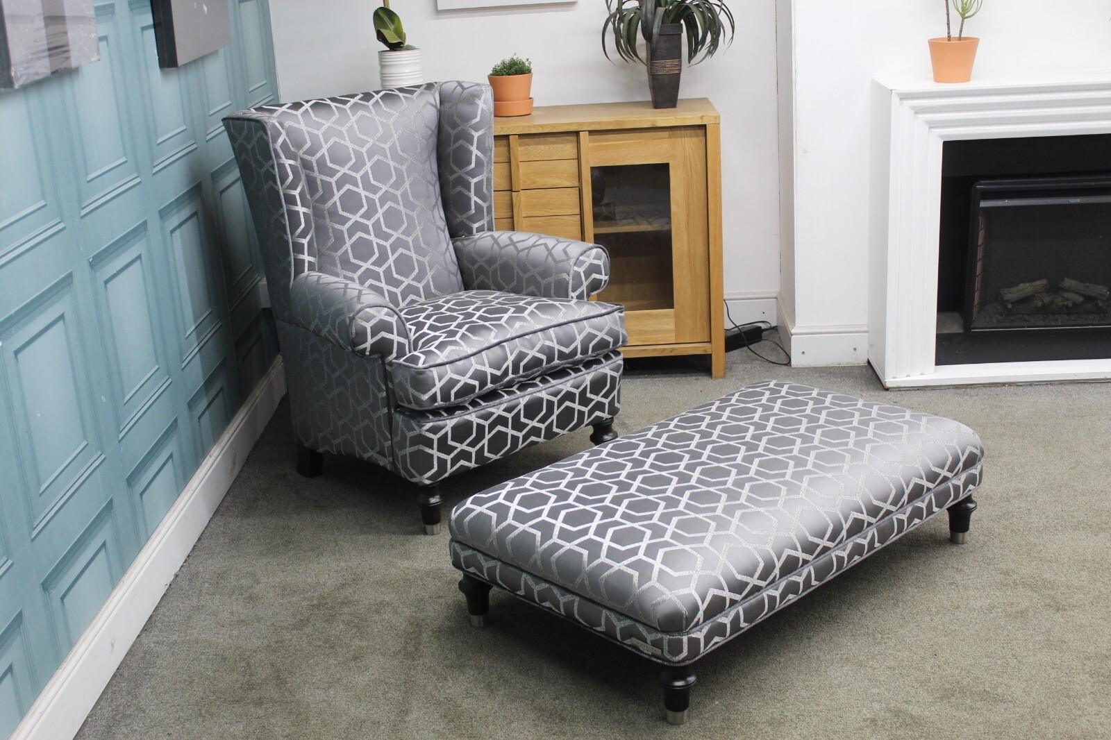 DURESTA, HARVARD WING CHAIR & FOOTSTOOL IN FITZGERALD STORM FABRIC. RRP