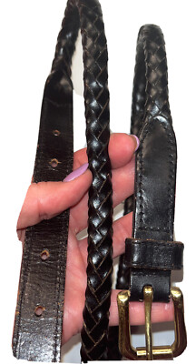 XL Black Skinny Belt Woven Leather Double Braided Ropes, Brass