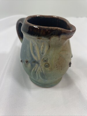 Handmade 3  Art Pottery Stoneware Creamer With Dragonflies- Gorgeous! Signed 