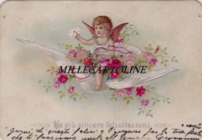 Card of ''Congratulations'' late '800 angel on white dove and letter