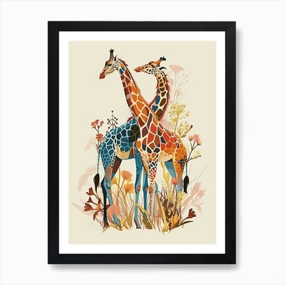 Two Giraffes Gradient Illustration  Framed Wall Art Poster Canvas Print Picture
