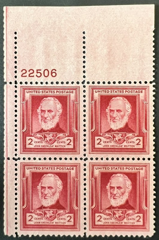 US plate Block of 4 1940 Famous Americans Whittier MNH Scott 865 2c 