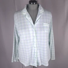 Earth Angels Pajama Top Womens 2XL Mint Green Plaid Flannel Sleepwear Cozy