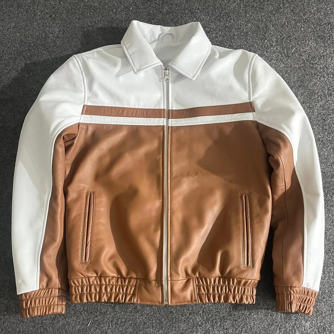 Men Two Tone Tan & White Bomber Jacket Pure Lambskin Leather Tan Varsity Style