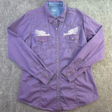 Wrangler Rock 47 Shirt Large Purple Solid Pearl Snap Long Sleeve Embroidered