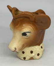 Vtg Cow Creamer Pitcher Pretty Face Brown & White Glossy Ceramic Yellow Flowers