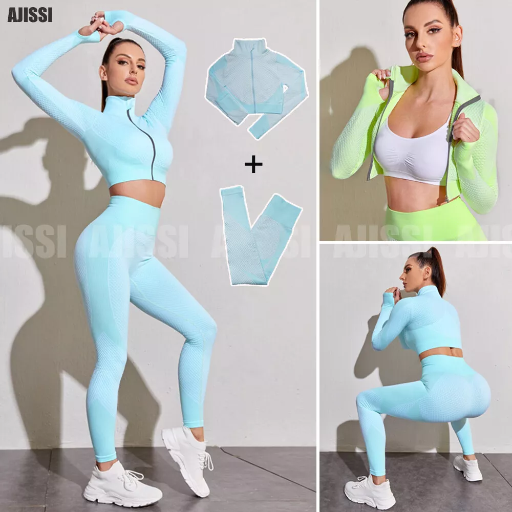 New Yoga Set Women Gym Fitness Workout Sport Suit Zipper Top Leggings 2  Pieces