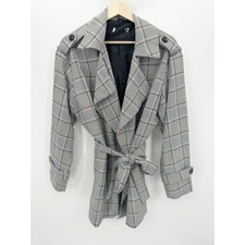 Primark Black White Grey Plaid Open Front Belted Jacket Women's Size 12