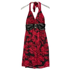 Roulette Dress Womens 8 Red Gold Halter Floral Sleeveless Party Cocktail Lined