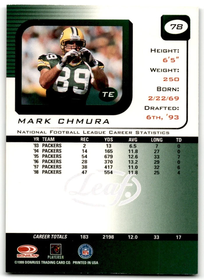 1999 Leaf Rookies & Stars Mark Chmura Green Bay Packers #78 - Image 2 of 2