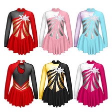 Kids Girls Long Sleeve Sequined Ice Roller Figure Skating Dress Ballet Dancewear
