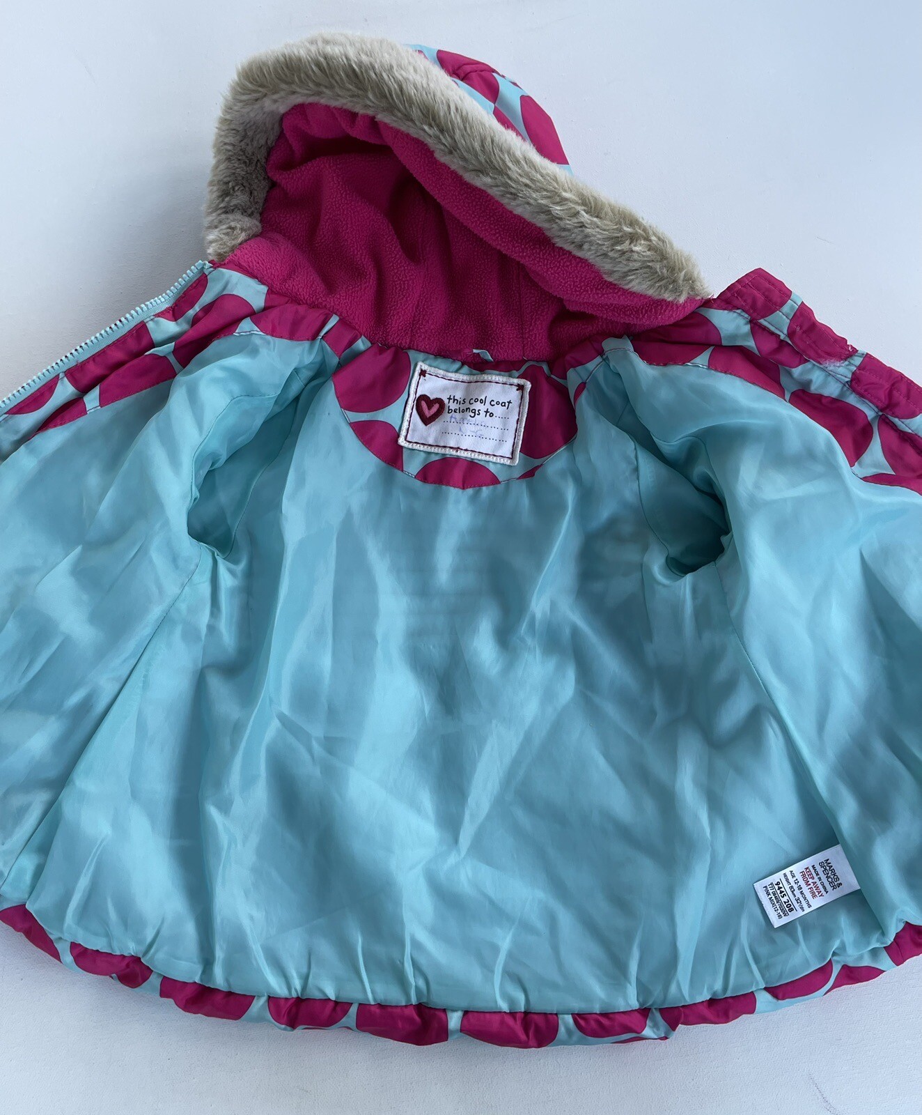 M&S BABY GIRLS PINK & BLUE FUR TRIM HOODED COAT AGE 1218 MONTHS eBay