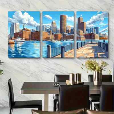3pcs Featuring Historic Buildings Harbor Metal Print  Ready to Hang Art