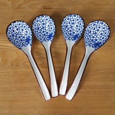 Set Of 4 Ramen Soup Spoons Asian Ceramic White Blue Floral Pho Wonton Hotpot