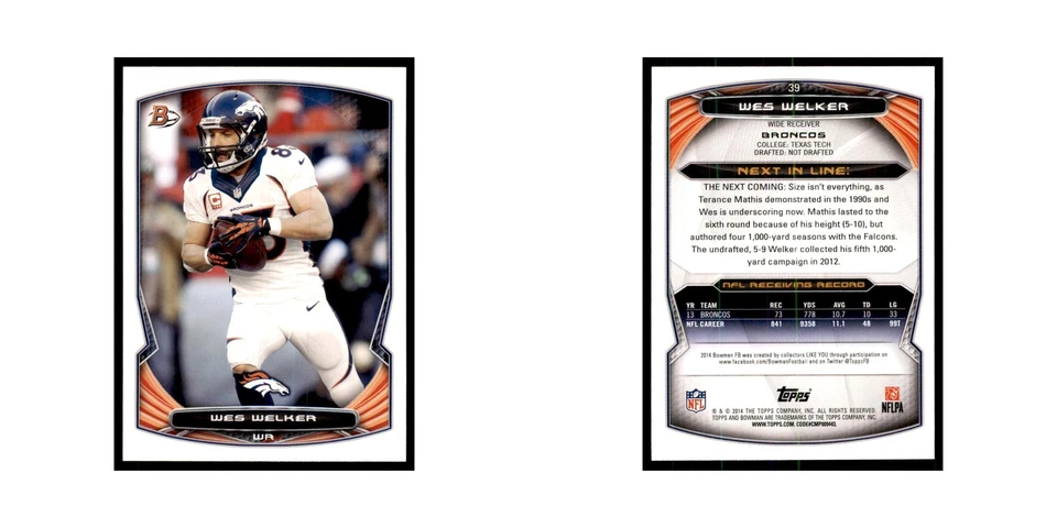 2014 Bowman Wes Welker Football Cards #39 - Image 3 of 3