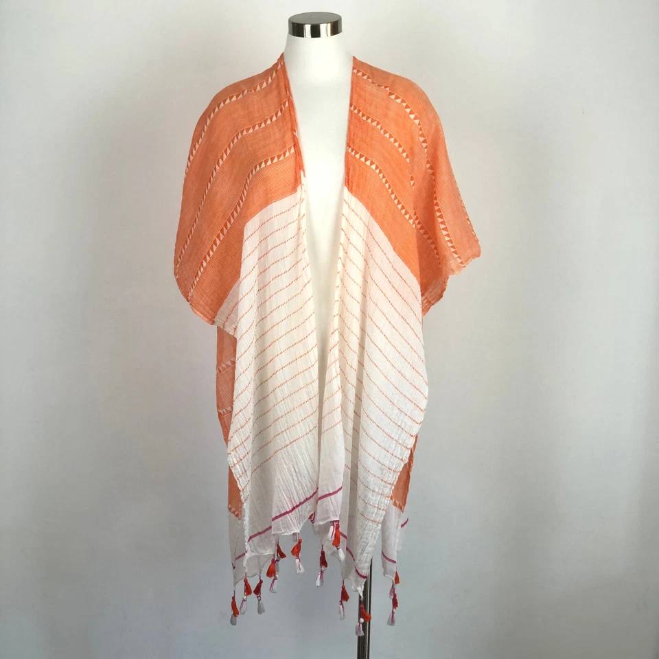 MerSea Mer Sea Naranja Blanco Algodón Claro Mantón Poncho Borlas de Encubrimiento Talla Única Foto 4 de 4