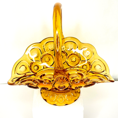 LE Smith Basket Art Glass Amber Moon & Stars Applied Handle Red Orange