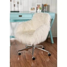 Linon Fiona Faux Fur Swivel Office Chair with Wheels in Off White