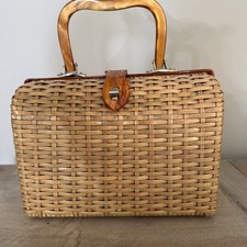 Rare Vintage 1950s Era Wicker And Lucite Handbag tortoise pattern handle