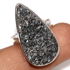 Black Agate Druzy 925 Silver Plated Ring US 9.5 Birthday Surprise Gift Trendy JW
