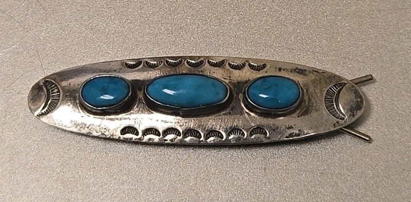 Vintage Fred Harvey Era Silver & Turquoise Hair Barrette Clip Crescent Moons A27