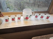 Hazel Atlas VTG Frosted Pitcher with 6 Glasses Apple Juice Set Star Bottom EUC!!