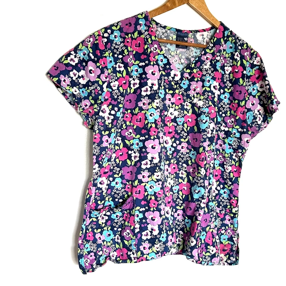 ZOE + CHLOE Scrub Top Women's XL Floral Cotton V Neck Short Sleeve Shirt - Image 2 of 4