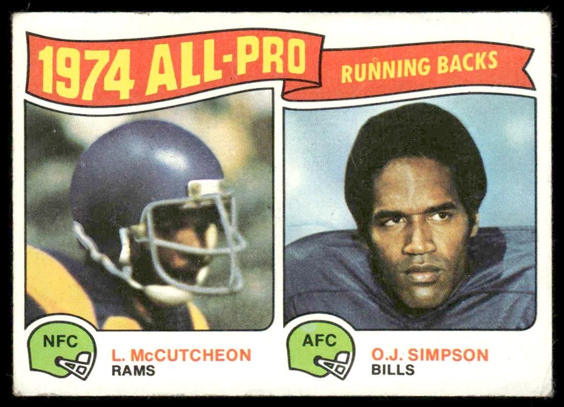 All-Pro Running Backs: McCutcheon / O.J. Simpson #209 Football Cards 1975 Topps trading card — raw and PSA graded price guide