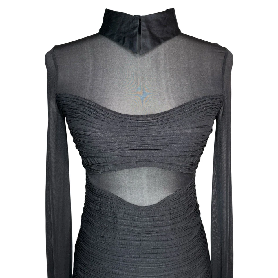 WOLFORD XS Dress Black Ruched Reversible Sheer Sleeve Removable Collar & Cuffs - Image 3 of 4