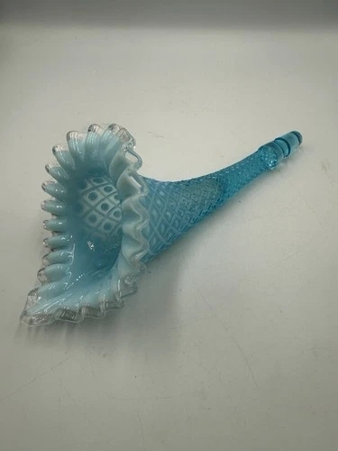 Vintage Fenton Blue Epergne Opalescent Diamond Lace Single Horn