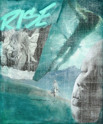 TEAL WALL DECOR ''RISE'' ORIGINAL HAND-MADE COLLAGE ART 16x20 PRINT Giclée AQUA 