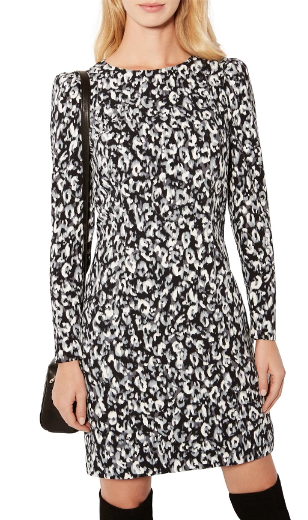 KAREN MILLEN UK 10 Blurred Leopard Print Satin Long Sleeve Pencil
