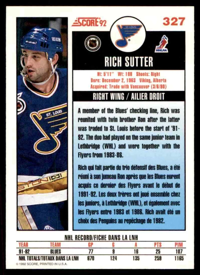 1992-93 Score Canadian Rich Sutter #327 - Image 2 of 2