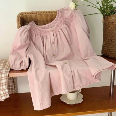 Women Pleated Round Neck Short-Sleeved Shirt Pull On Blouse Puff Sleeves T Shirt