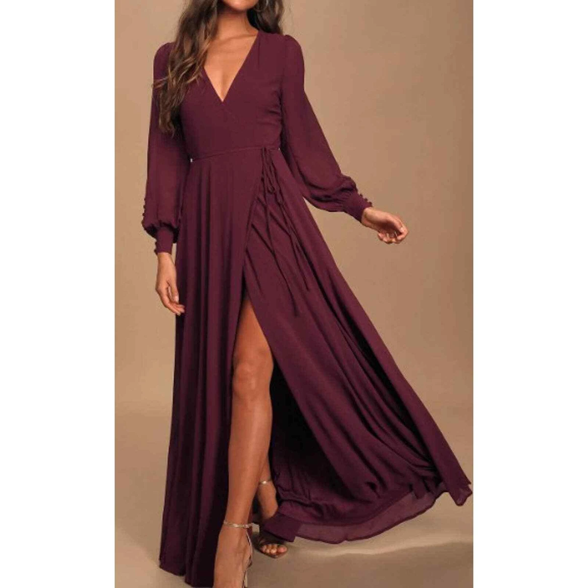 LULUu0026#039;S Sz M My Whole Heart Plum Long Sleeve Wrap Maxi Dress NEW B25  *flaw | eBay