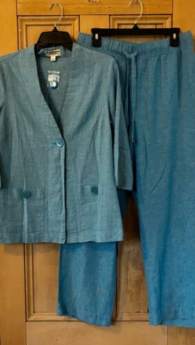 Norm Thompson Womens Linen Wide Leg Pants Jacket Set Medium Petite Blue SP NWT