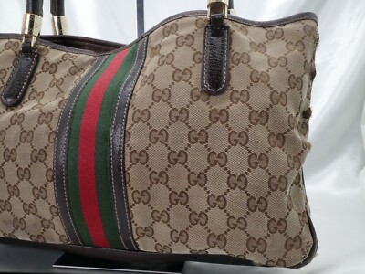 Gucci Sherry Line GG Canvas Tote 161717 Brown Leather Trim Vintage