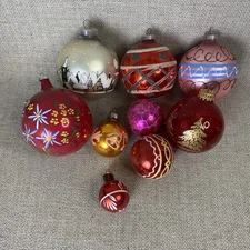 Lot of 9 Vintage Christmas Ornaments Round Glass Ball Glitter Red Assortment