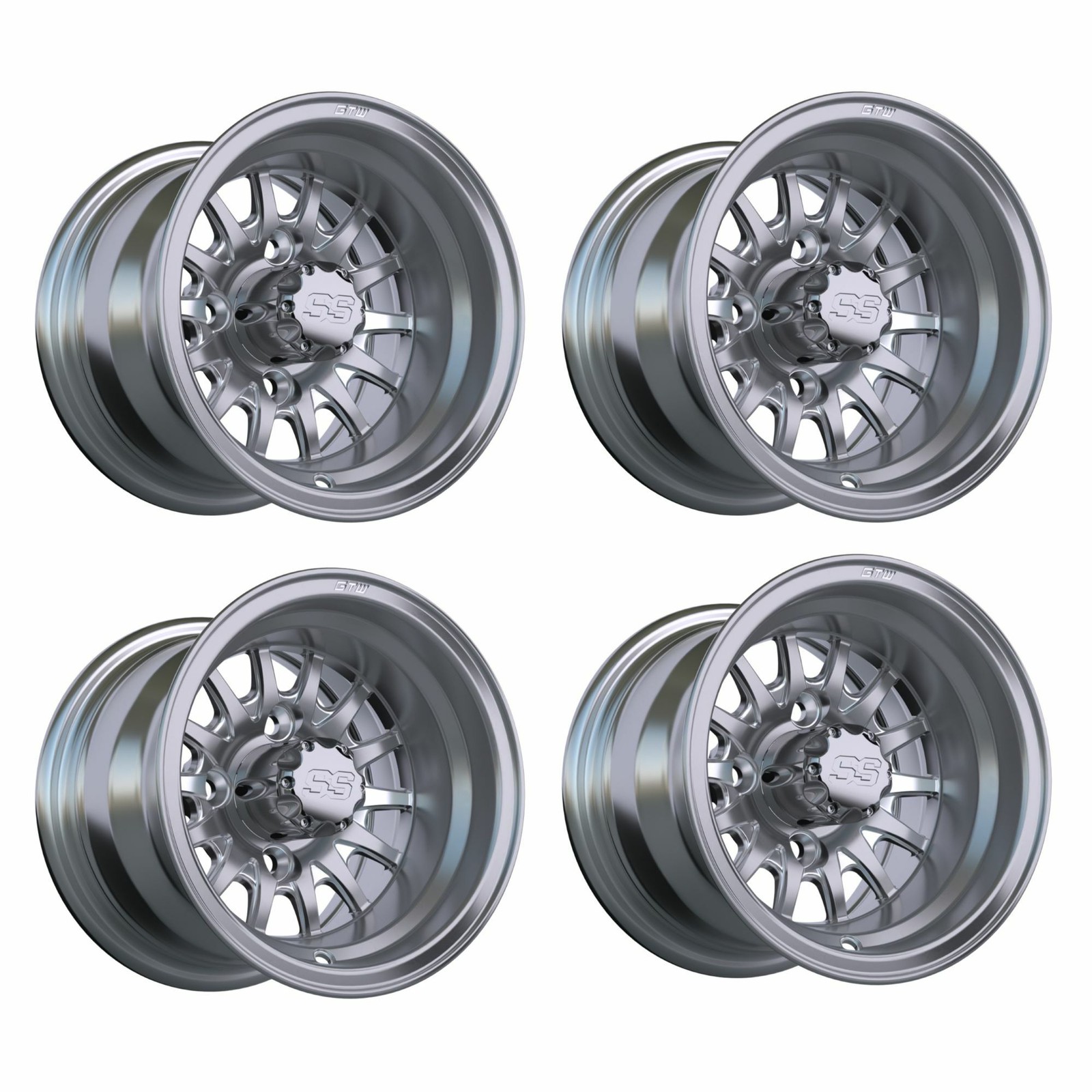 Set of 4 Golf Cart GTW Medusa 10 inch Machined and Silver Wheels With 3:4 Offset