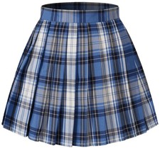 Plaid Pleated Skirt High Waist 3XL Blue Mixed White Black - School Uniform