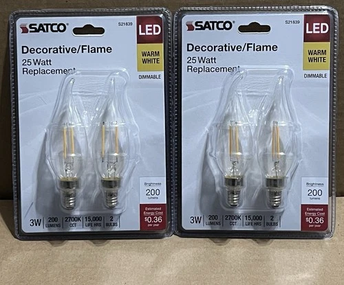 Satco S21839 Led Flame Light Bulb 3W 25W Warm White CA10 Candelabra 4-Pack New - Picture 2 of 4