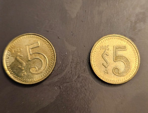 2 Mexico 1985 $5 PESOS Coin AU+ with Toned-Lustre