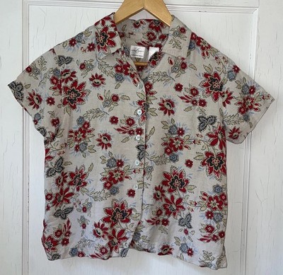 Emma James Liz Claiborne Vtg S Linen Blend Floral Button Top Boxy Cottagecore