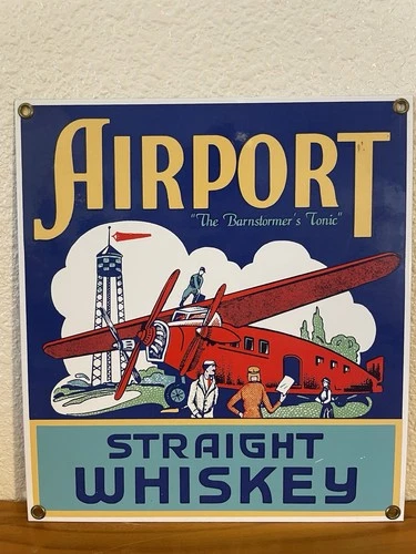 Vintage Ande Rooney Porcelain Sign AIRPORT STRAIGHT WHISKEY