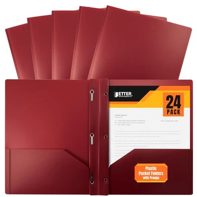 Burgundy Plastic 2 Pocket Folders With 3 Metal Prongs Fastener Clips 24 Pack - Image 1 of 4