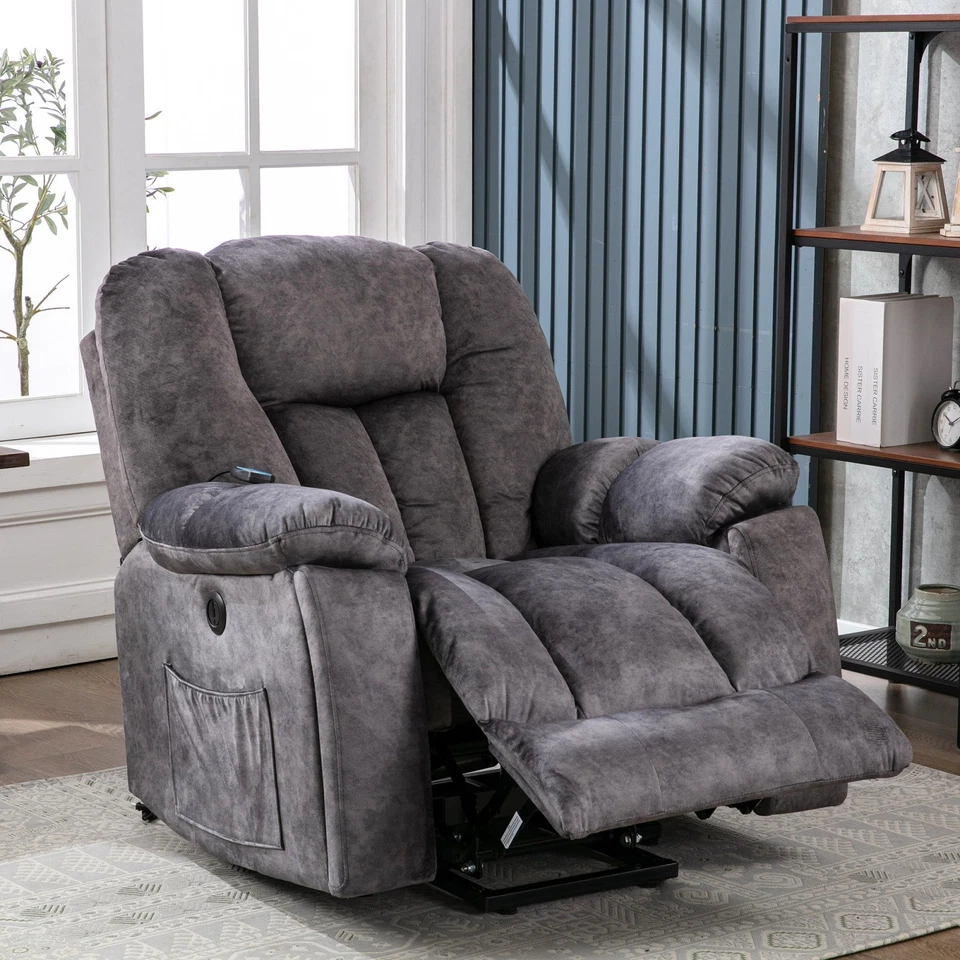 MERAX Electric Power Massage Lift Cinema Recliner Velvet Riser Heated Chair Sofa Grey