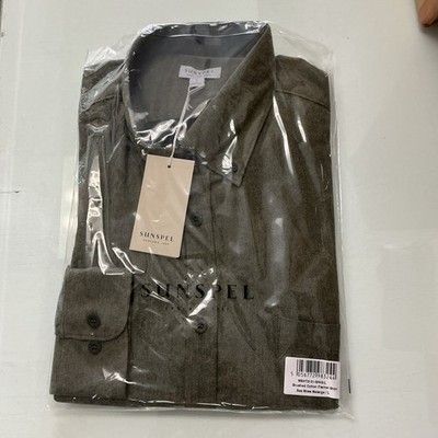 Sunspel Brushed Cotton Flannel Check Shirt Sea moss Melange Large new