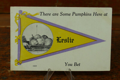 c1913 There Are Some Pumpkins Here At Leslie You Bet Pumpkin Wagon Postcard