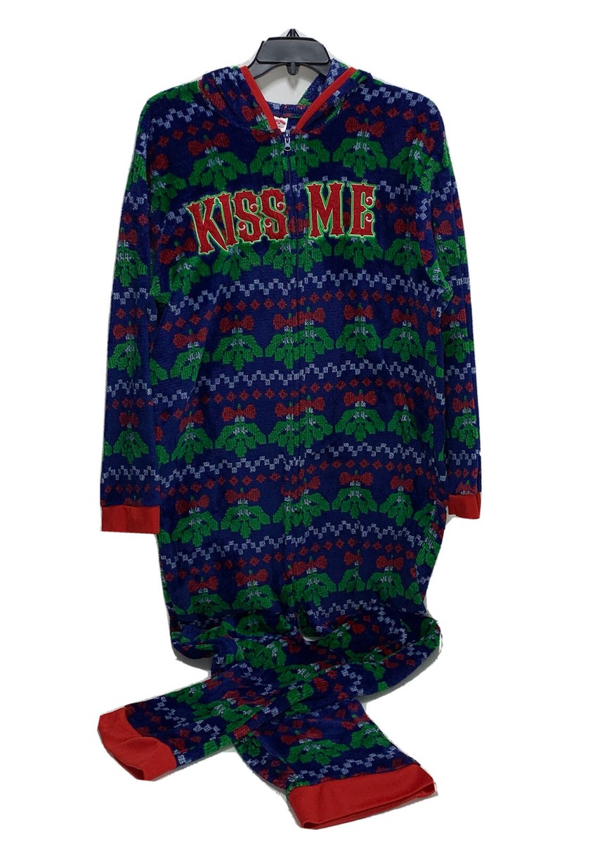One Piece Kiss Me Christmas Mistletoe Drop Drawer Pajamas w/ Hood XXL Fuzzy
